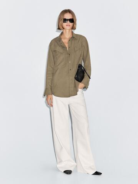 Massimo Dutti Длинная рубашка с карманами, хаки
