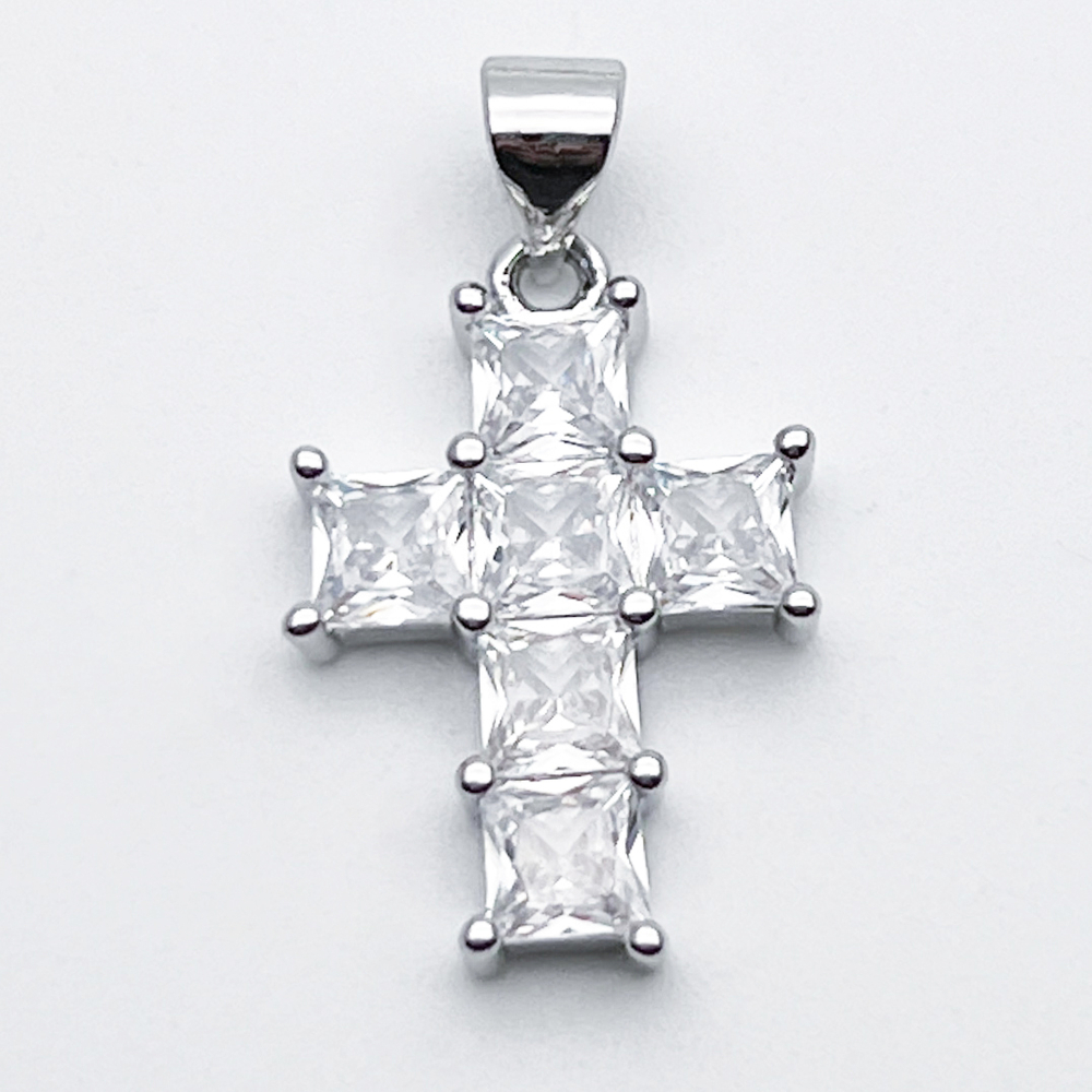 Подвеска Крест, цвет серебро (родий), фианиты, размер 20*14 мм + бейл 5 мм, цена за 1 шт