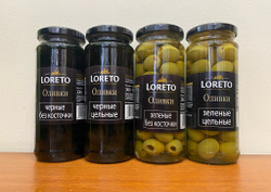 Оливки чёрные LORETO без косточки 340 гр в стеклянной банке Испания