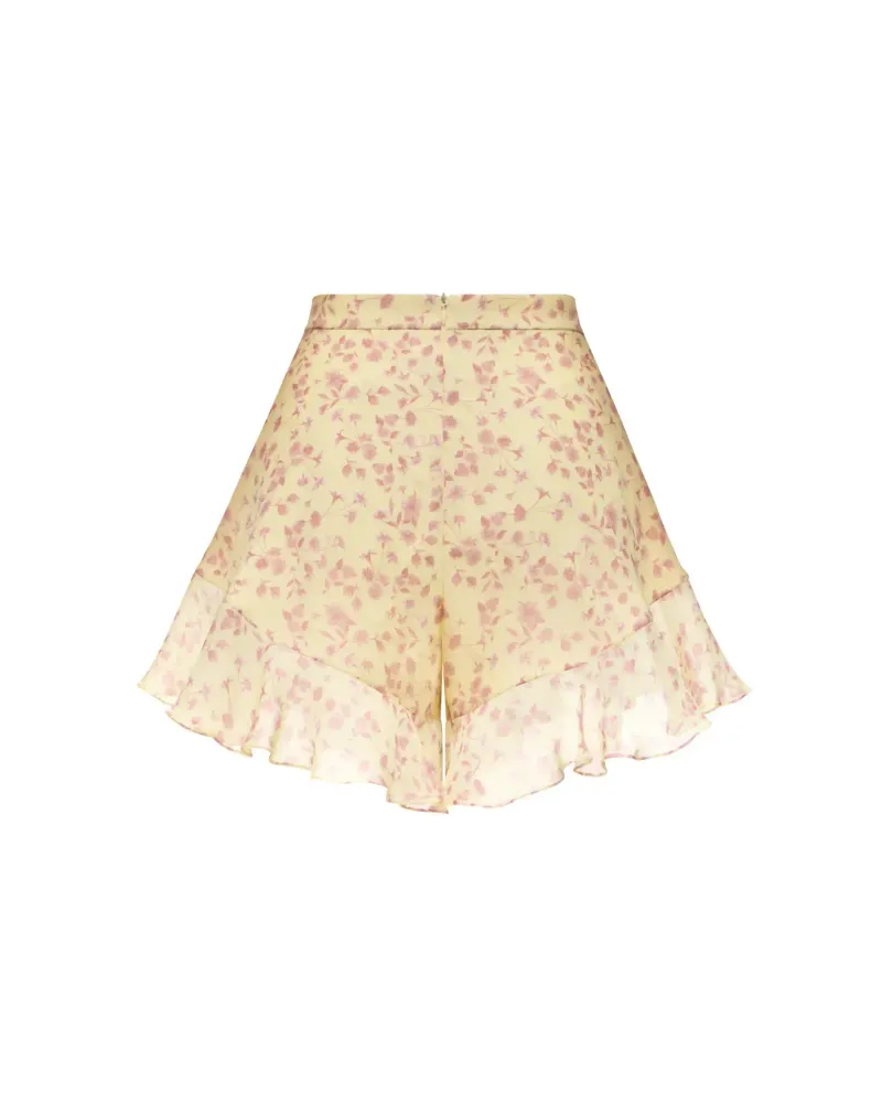 Audrie, шорты мини с рюшами из желтого шифона с средними светло-розовыми цветами