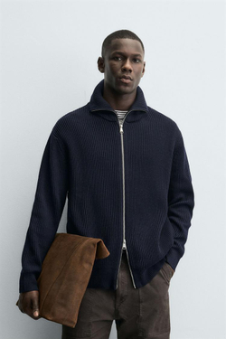 ZARA КАРДИГАН ПЛАТОЧНОЙ ВЯЗКИ С ЗАСТЕЖКОЙ-МОЛНИЕЙ, МОСРКОЙ СИНИЙ