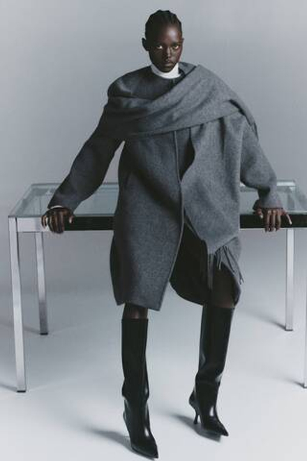 H&M Пальто из смесовой шерсти с воротником-шарфом, темно-серый