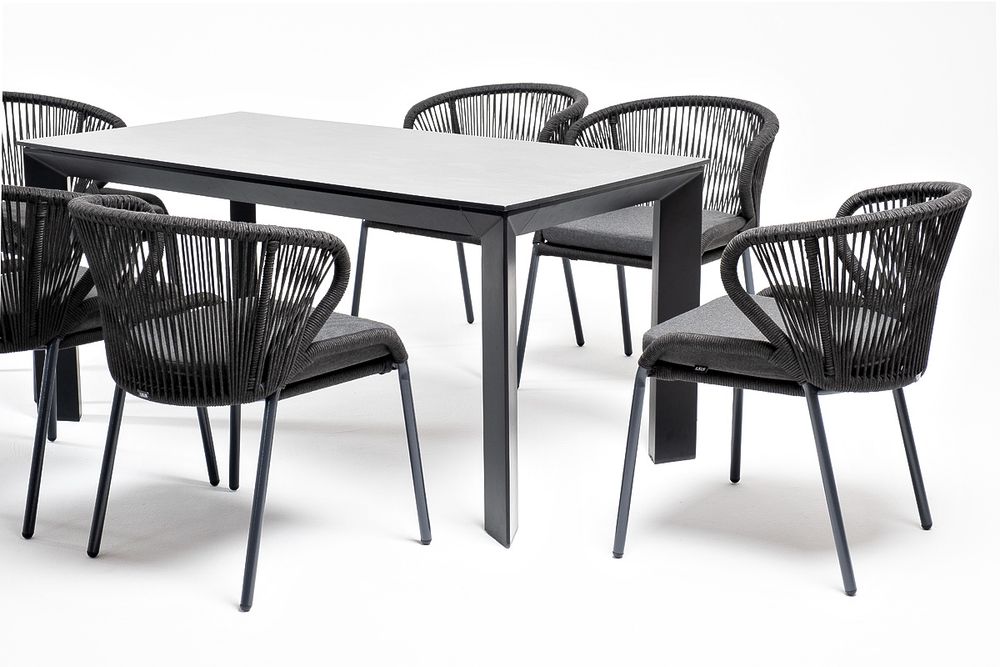 "Венето" обеденная группа на 6 персон со стульями "Милан", каркас темно-серый, роуп темно-серый