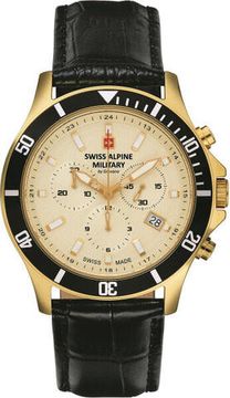 С ремешком Мужские наручные часы с черным кожаным ремешком Swiss Alpine Military 7022.9511 chronograph 42mm 10ATM