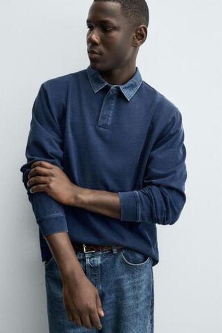 ZARA ТОЛСТОВКА-ПОЛО С КОНТРАСТНЫМ ВОРОТНИКОМ, СИНИЙ/ИНДИГО