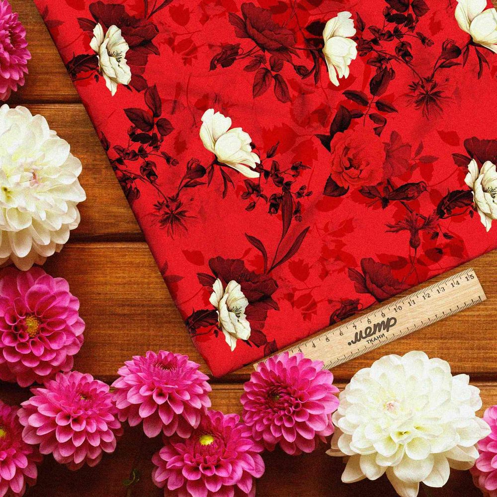 Ткань бифлекс белые цветы и красные розы