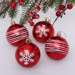 Новогодние шары 6 см (набор 4 шт) "Снежные нити", красный/белый (Серпантин)