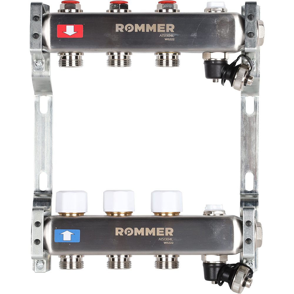 ROMMER RMS-3201-000003 ROMMER Коллектор из нержавеющей стали без расходомеров, с клапаном вып. воздуха и сливом 3 вых.