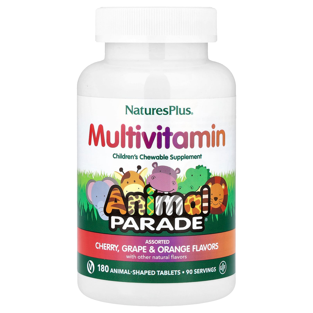 NaturesPlus, Animal Parade®, жевательные мультивитамины для детей, со вкусом вишни, винограда и апельсина, 180 таблеток в форме животных