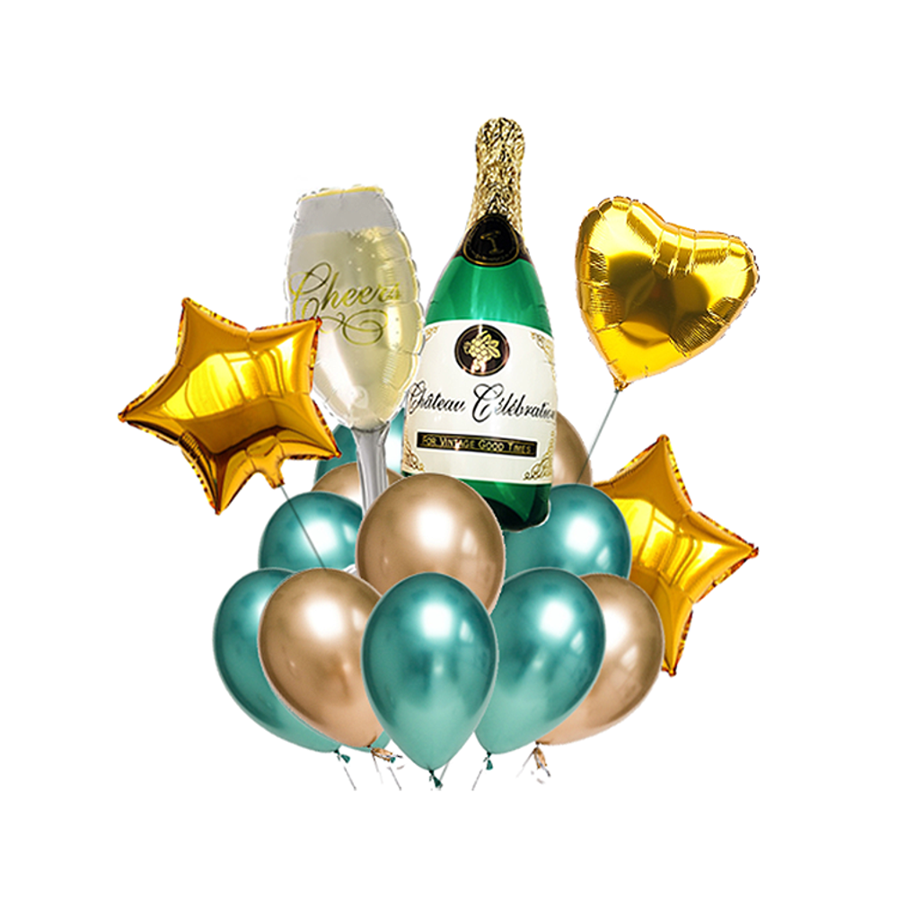 Композиция из воздушных шаров "Шампанское с золотым сердцем"
