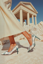 Женские туфли кожаные бело-зелёные с камнем