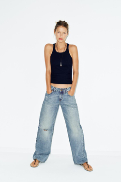 ZARA ТОП НА БРЕТЕЛЯХ В РУБЧИК, МОРСКОЙ СИНИЙ