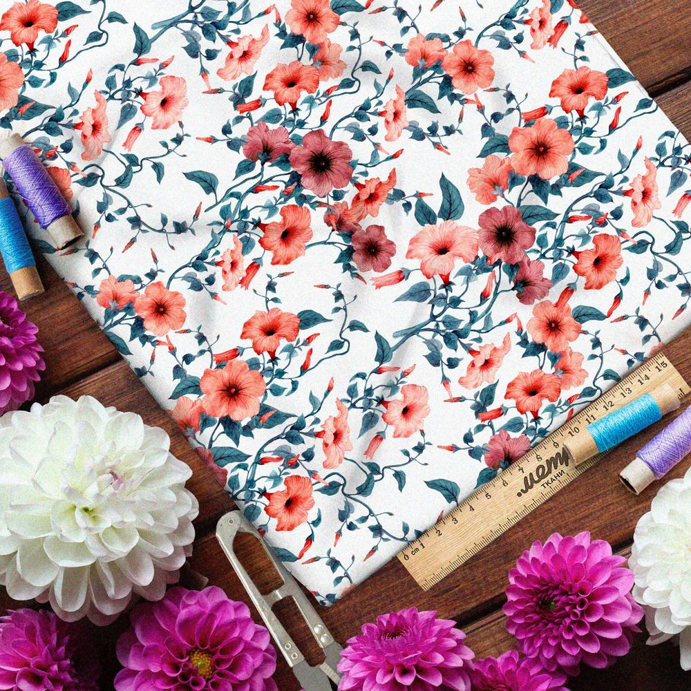 Ткань саржа полупрозрачные маки и витьеватая тёмная листва