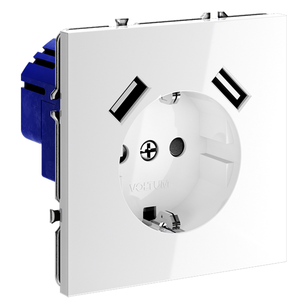Розетка встраиваемая VOLTUM S70 с заземлением и защитными шторками, 16А, с USB, A+A, (белый глянцевы