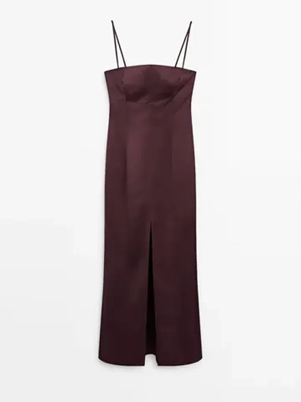 Massimo Dutti Длинное атласное платье с разрезом - Studio, баклажановый