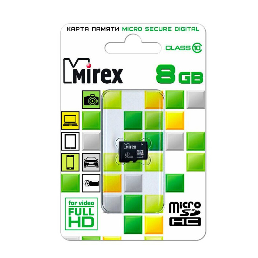 Карта памяти Mirex MicroSDHC 8Gb class 10, 13612-MC10SD08, без адаптера