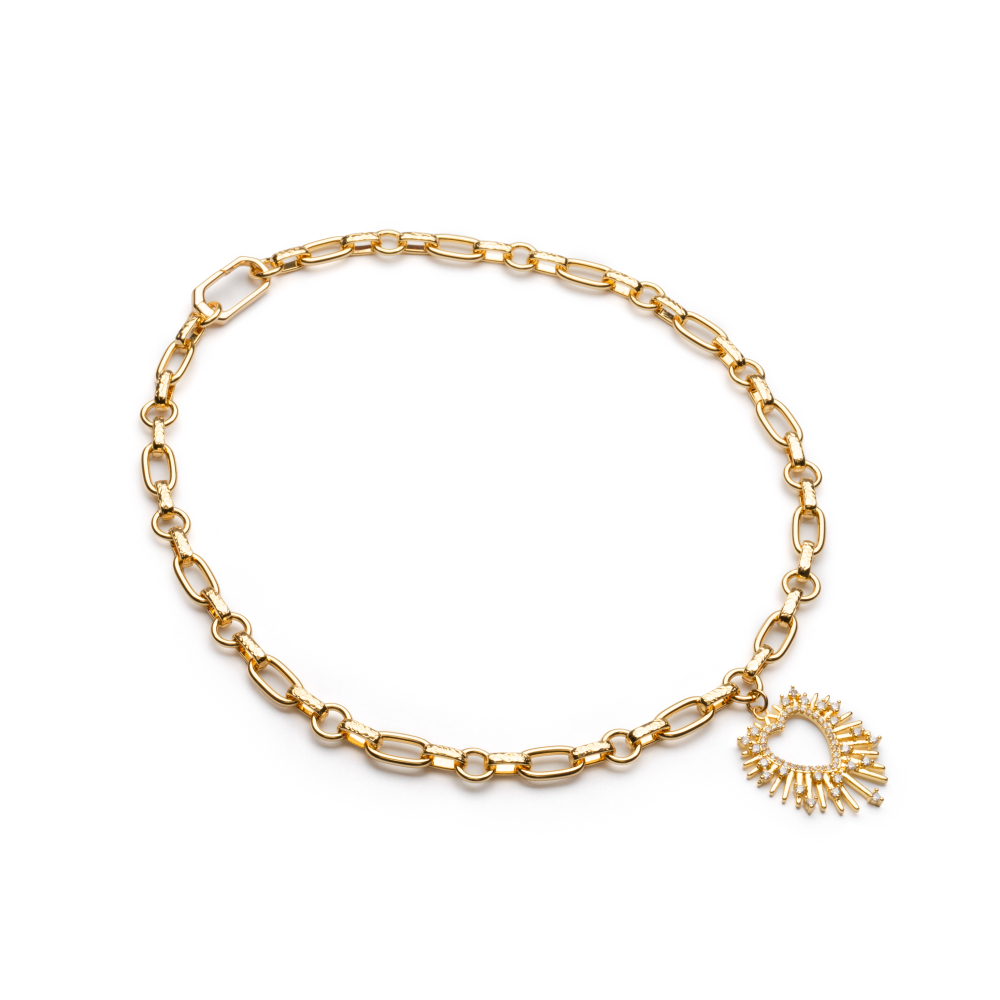 Латунная цепочка с большим Сердцем и Фианитами, gold