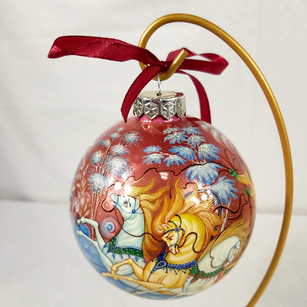 Шар новогодний с ручной росписью Палех "Тройка" в коробке