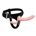 Женский страпон на эластичных ремешках с вибрацией и вагинальной пробкой - 18 см.