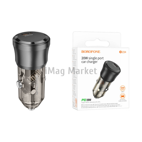 Автомобильное зарядное устройство Borofone BZ24, 1 USB-C, 20W, 3A, черный прозрачный