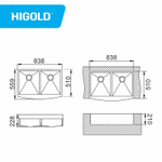 Кухонная мойка, 838x559x228 мм, 2 чаши
