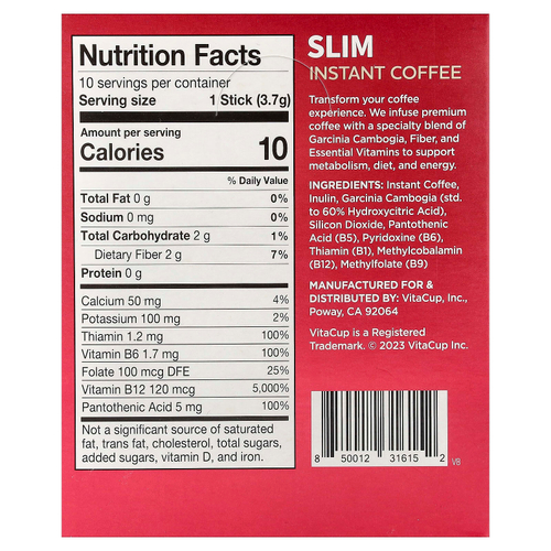 VitaCup, Растворимый кофе Slim, средней обжарки, 10 стиков на одну порцию, 3,7 г (0,13 унции)