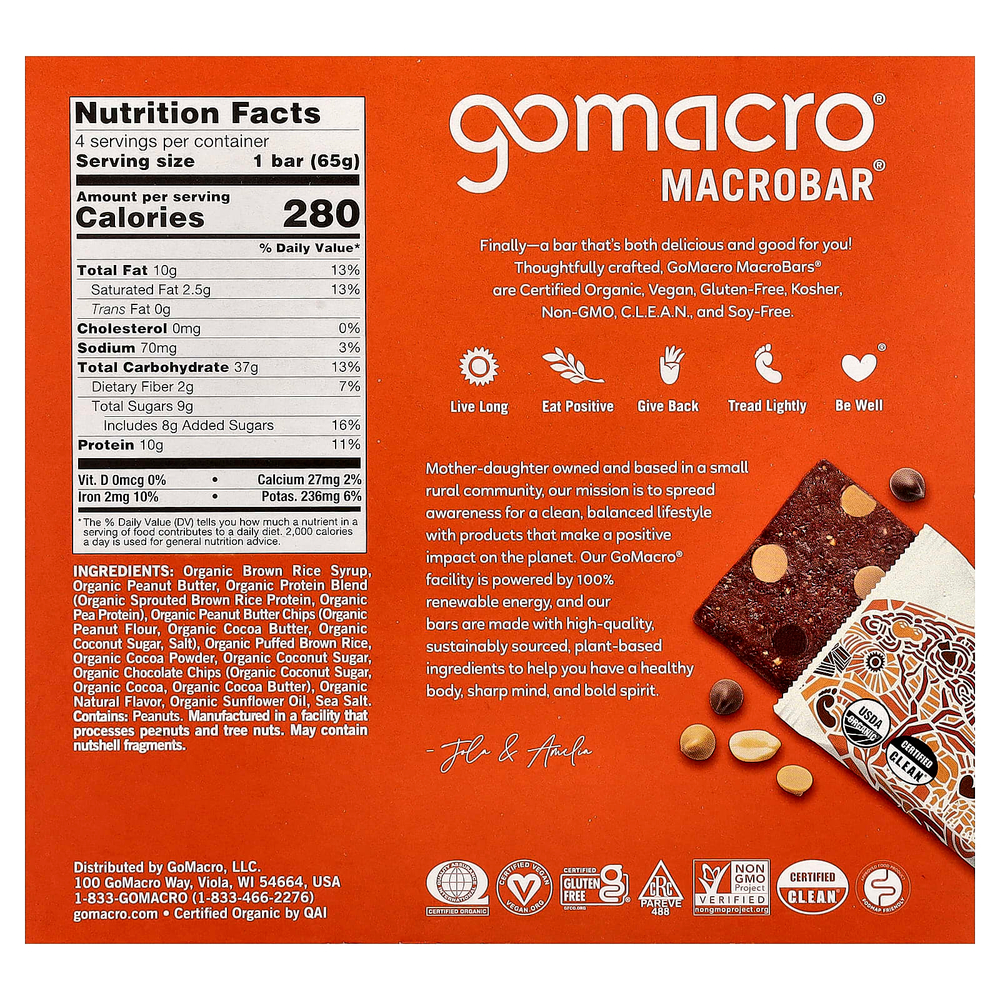 GoMacro, MacroBar®, Smooth Santury, двойные шоколадные чипсы с арахисовой пастой, 4 батончика по 65 г (2,3 унции)