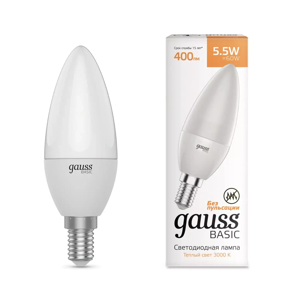 Лампа Gauss LED Basic Свеча 5.5W E14 400lm 3000K  1033116