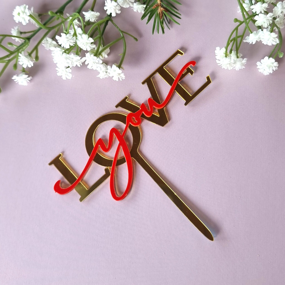 Топпер акриловый «Love you» золотой с красной надписью