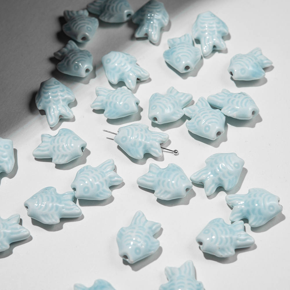 Бусина в форме рыбки, 19*15мм, голубая, глазурированный фарфор