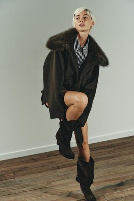 ZARA ПАЛЬТО ИЗ СМЕСОВОЙ ШЕРСТИ С ВОРОТНИКОМ ИЗ ИСКУССТВЕННОГО МЕХА, ТЕМНЫЙ ХАКИ