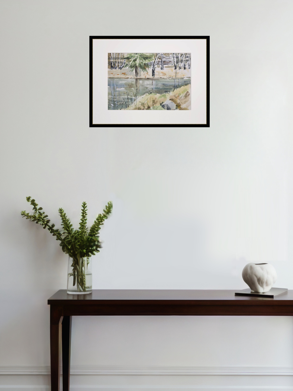 Картина авторская акварельная в паспарту 30х40 см на стену для интерьера "На берегу пруда в Тованово"