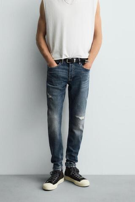 ZARA ДЖИНСЫ SKINNY FIT С РАЗРЕЗАМИ, СИНИЙ