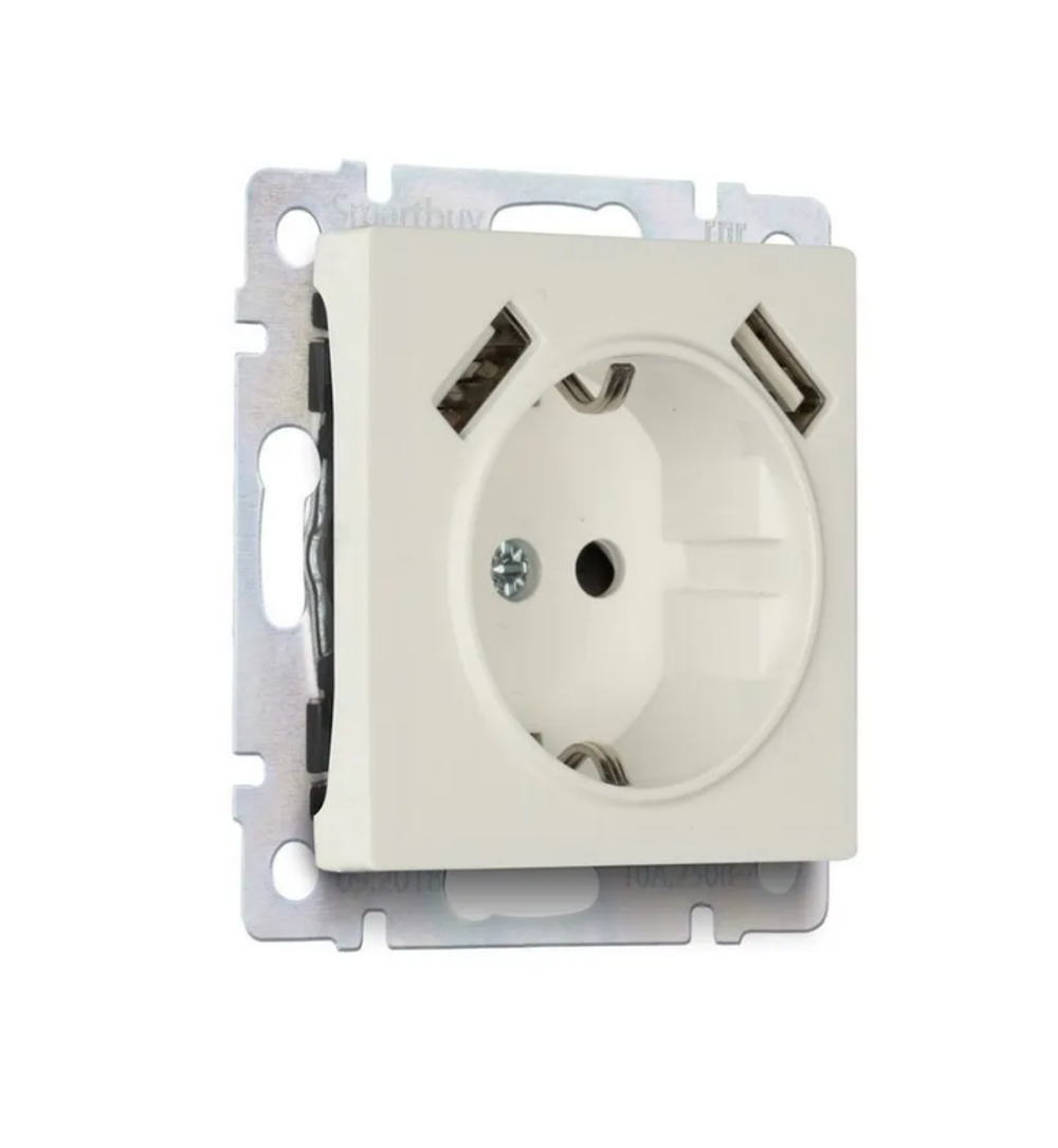 Розетка Smartbuy с заземлением и 2-мя USB 16А "Нептун" (SBE-05i-16-S1-USB), бежевый