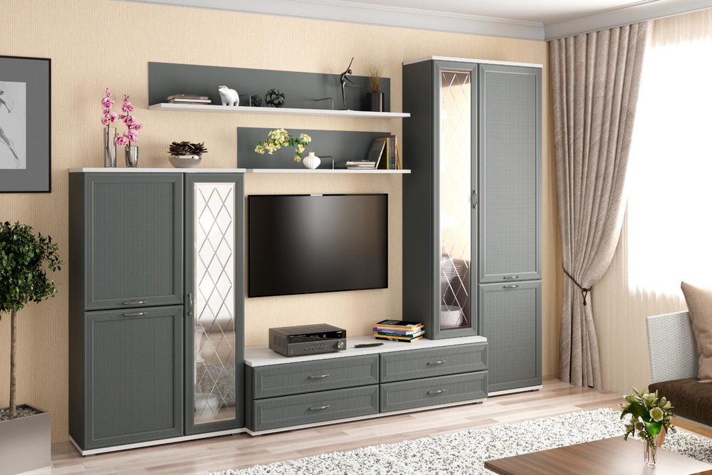 Карина - композиция 12. Цвет Снежный ясень + Серый Оникс, Ясень Асахи + Серый Оникс, Гикори Джексон светлый + Серый Оникс, Джексон темный + Серый Оникс, Гикори Джексон темный, Снежный ясень, Ясень Асахи, Гикори Джексон светлый, Серый Кашемир