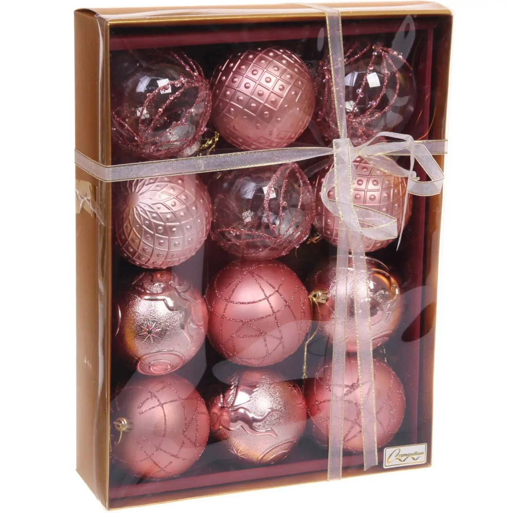 Новогодние шары «Зимняя нежность» 8 см (набор 12 шт), Розовое золото