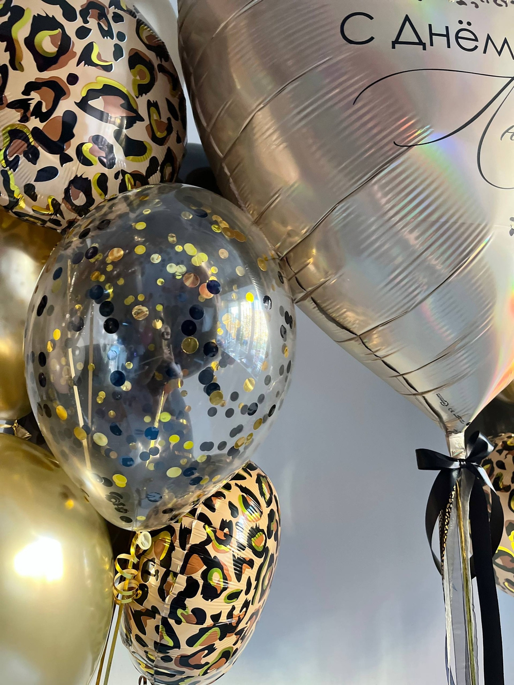 Набор воздушных шаров с стиле леопард черны/хром золото №3208