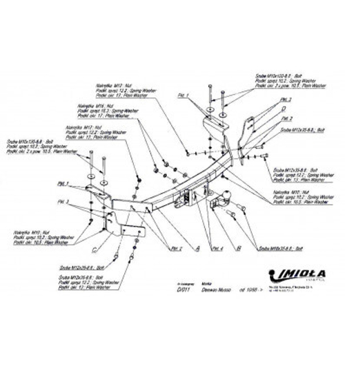 Фаркоп IMIOLA D.011 Tagaz Road Partner 2008-2011, Daewoo Musso 1993-2005(паспорт и сертификат в комплекте)(без электрики)