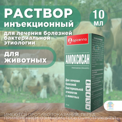 Раствор антибактериальный Амоксисан Apicenna, для инъекций животным, 10 мл. Амоксициллин.