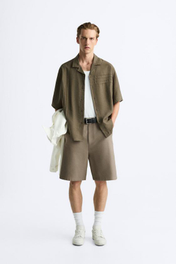 ZARA РУБАШКА ИЗ ЛИОЦЕЛЛА И ЛЬНА, КОРИЧНЕВЫЙ