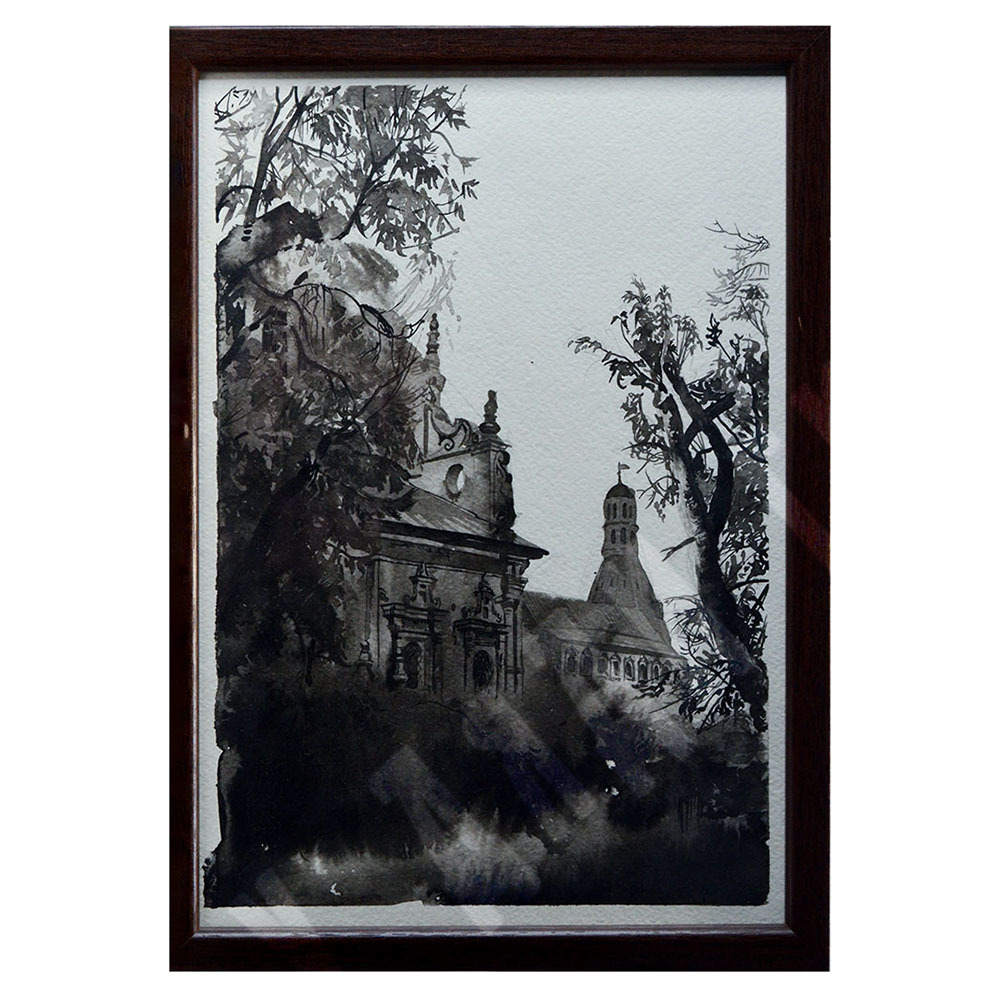 Шахматов Л.А.  Монастырь. Тушь, бумага. Москва. 2018 г.