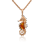 Подвеска «Морской конёк» из красного золота с янтарём