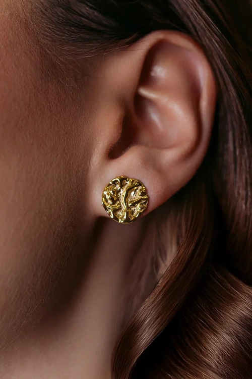 Серьги ''Мятые пластины'' круглые в золочении