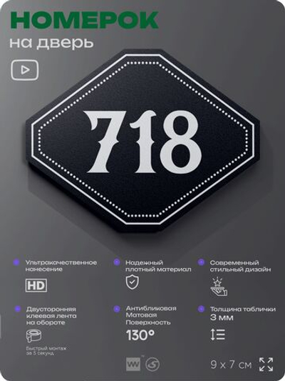 Номерок на дверь квартиры 718, для кабинета, офиса, шильдик 9 х 7 см, черный, Айдентика Технолоджи