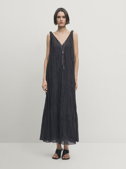 Massimo Dutti Плиссированное платье с V-образным вырезом, серый