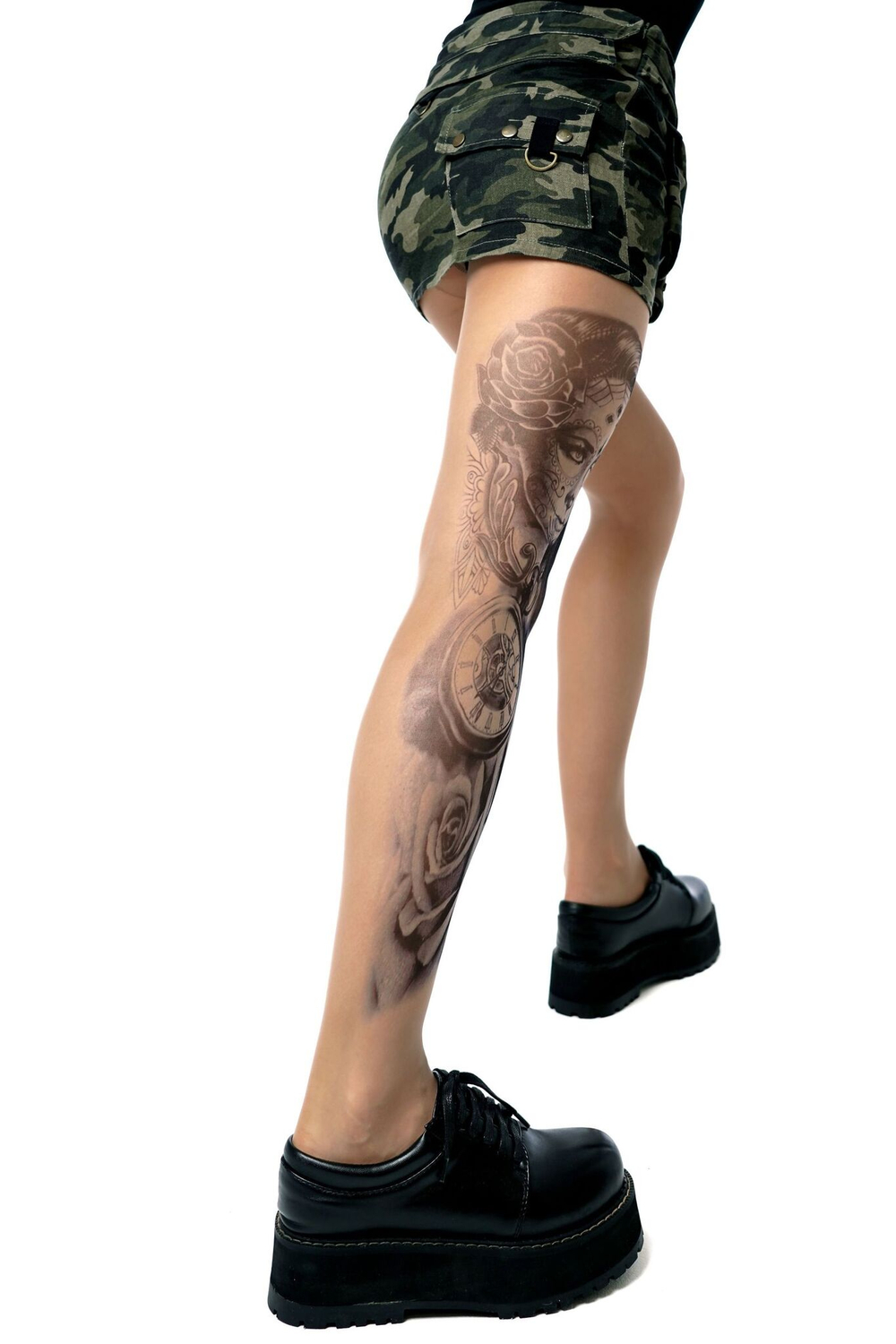 Колготки с рисунком в виде девушки с макияжем калавера на левой ножке (Размер: S-M-L) (Цвет: бежевый)