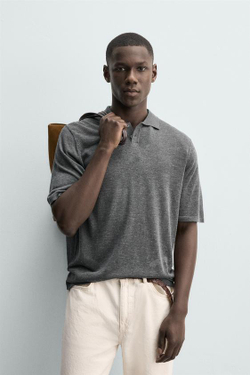 ZARA ТРИКОТАЖНОЕ ПОЛО RELAXED FIT, СЕРЫЙ МЕЛАНЖ