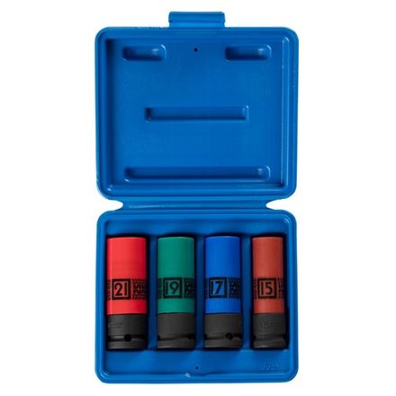 Цена на KING TONY (44904MP01) Набор глубоких ударных торцевых головок 1/2", шестигранные, 15, 17, 19, 21 мм