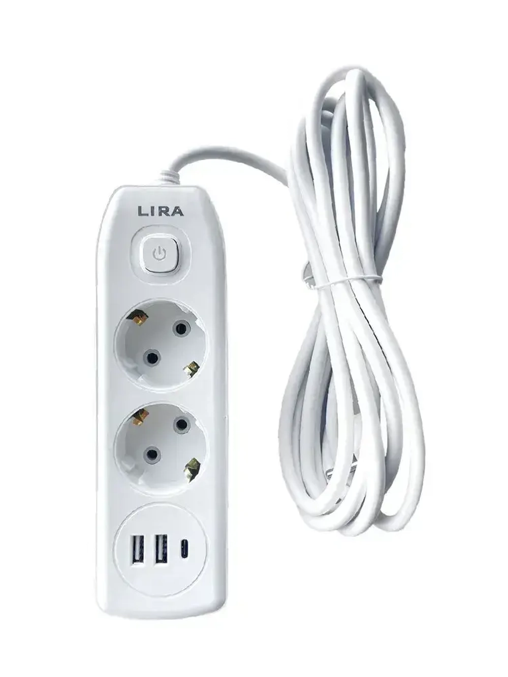 Удлинитель LIRA LRI122W, 2 розетки с заземлением и выключателем, 2xUSB, 1xTypeC, длина 2м, 16А