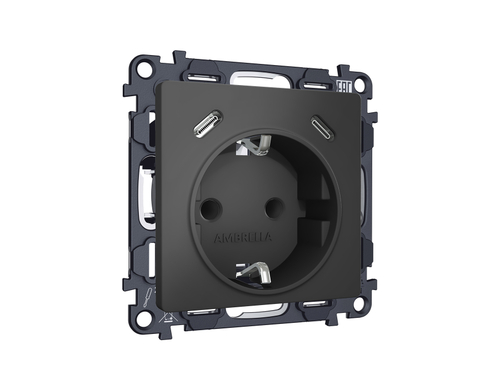 MA910510 Комплект механизма электрической розетки 2USB С+C 20W с/з на винтовых зажимах 16A-250V ALFA Графит мягкое касание QUANT (AP9105, VM165)